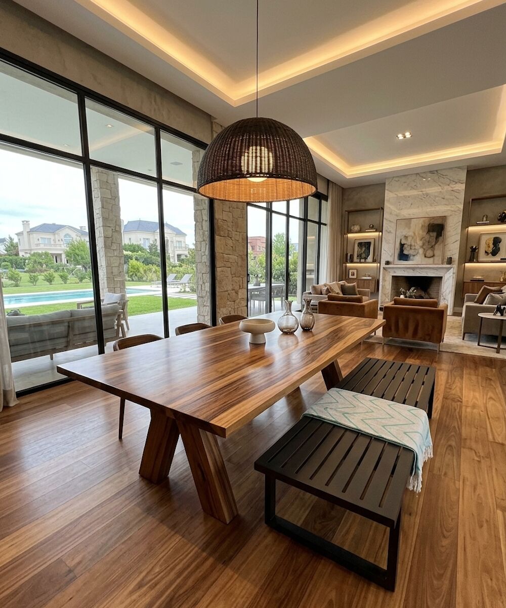 Mesa Mayor en guayubirá, gran living comedor con banco negro