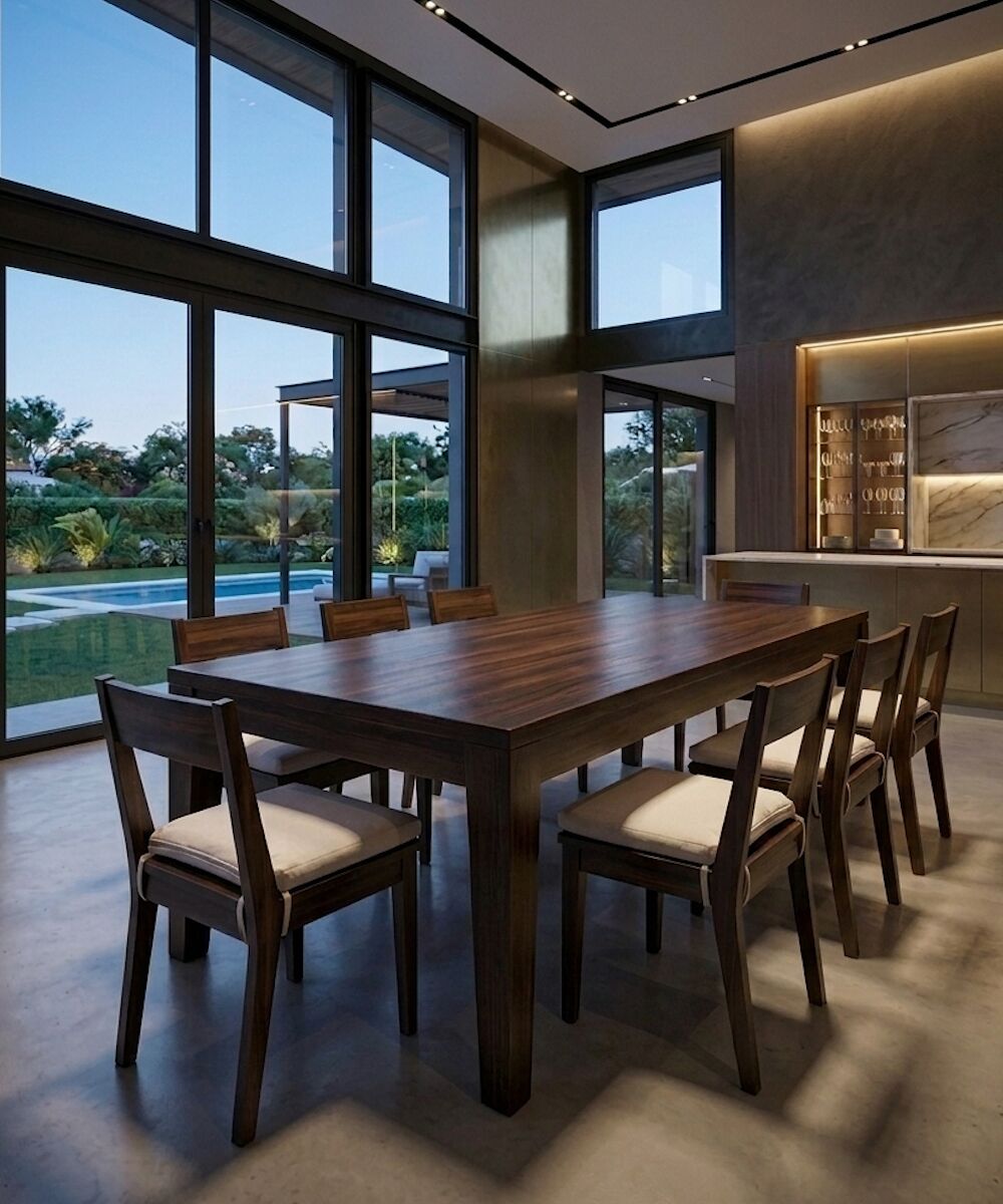 Mesa Ébano en nogal oscuro, comedor contemporáneo junto a la pileta